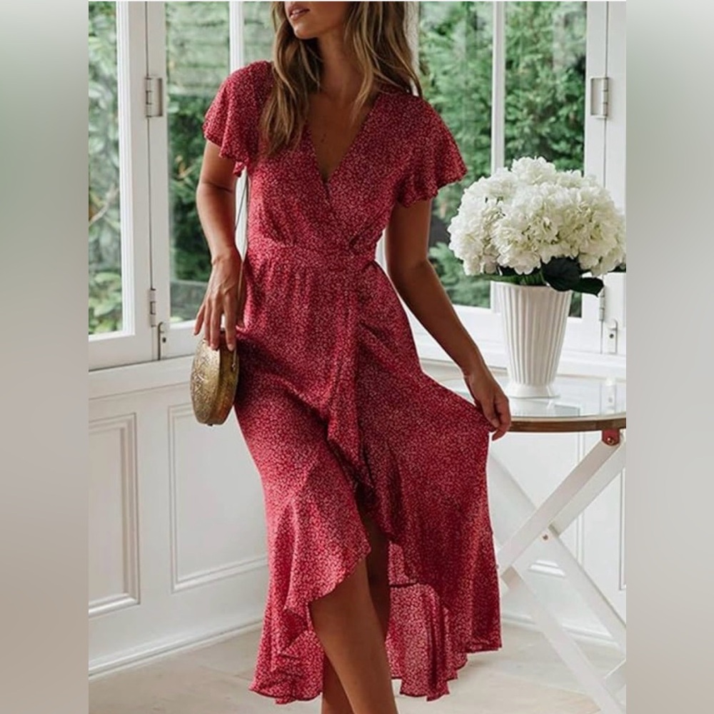 Bohemian Floral Printed Wrap V Neck Short Sleeve Split Beach Party Maxi Dress - Picture 4 of 4